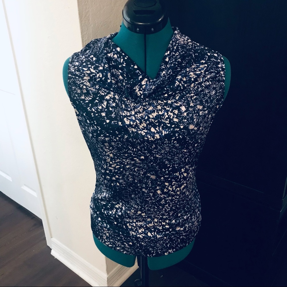 Sleeveless Alfani Satin Blouse with Cowl Neck and Blue and White Pattern